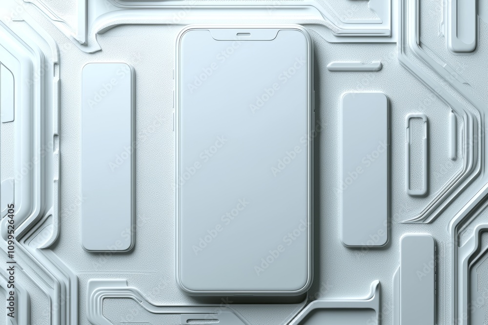 Leinwandbilder Floating in a 3D rendering, a phone screen mockup and several slides illustrate an app interface, UX/UI, and web design template concept.