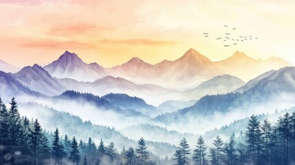 Obraz premium Beautiful Mountain Landscape with Soft Lighting, Pastel Colors, and Morning Fog in Digital Art Style, Watercolor and Brush Stroke Illustration