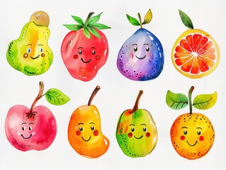 Fototapeta premium Bright watercolor depiction of the Fruit of the Spirit as actual fruits each with joyful expressions
