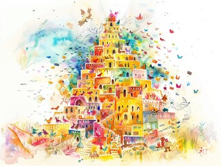 Bright watercolor illustration of the tower of Babel reaching up