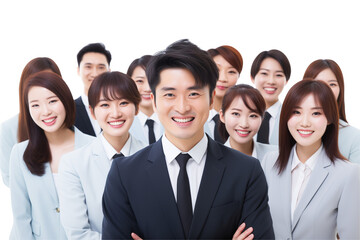 Fototapeta premium Group of smiling business asian people in suits on transparent background. Groups of people in business attire. Rich asian man and women. Business leader. Startup boss. Isolated image. PNG cut out.