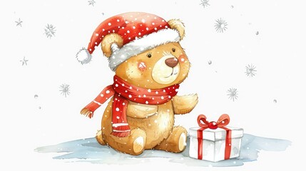 Cute bear wearing a scarf and Christmas hat