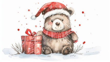 Cute bear wearing a scarf and Christmas hat
