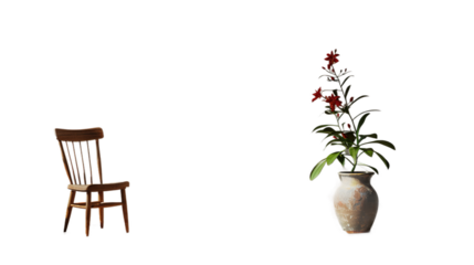 A wooden chair and a vase of red flowers against a white background., cut out, PNG file