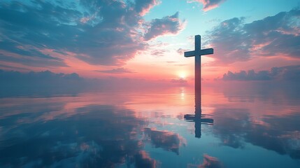 Fototapeta premium Lone cross standing tall against a backdrop of blue sky, soft cloudscape and a mirrored reflection.