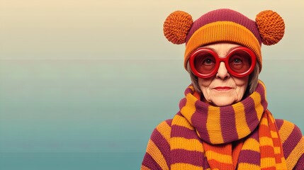 Fototapeta premium Cheerful Senior Woman in Colorful Knitted Hat and Sweater with Oversized Glasses: Perfect Artistic Poster for Vibrant Home Decor or Playful Sports Interiors!