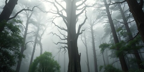 Obraz premium Towering ancient trees stand sentinel in fog-shrouded forest, misty forest, eerie silence, gnarled branches