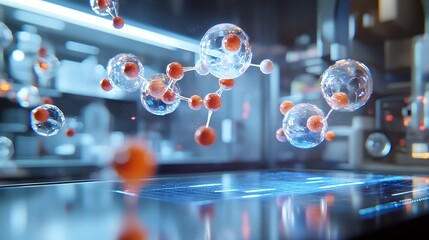 Obraz premium A detailed view of nanotechnology particles being manipulated by a scientist on a digital touchscreen, with 3D holographic representations of molecules and atoms floating in mid-air