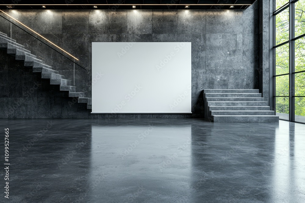 Aufkleber A view from an angle of a large, blank white illuminated screen with space for your text or logo, located in a huge empty hall with a stage and stairway. 3D rendering, mockup.
