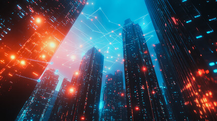 Fototapeta premium Smart digital Innovation city with connection network reciprocity over the sunset cityscape. of future wireless digital city and social media networking systems that connects people with in city