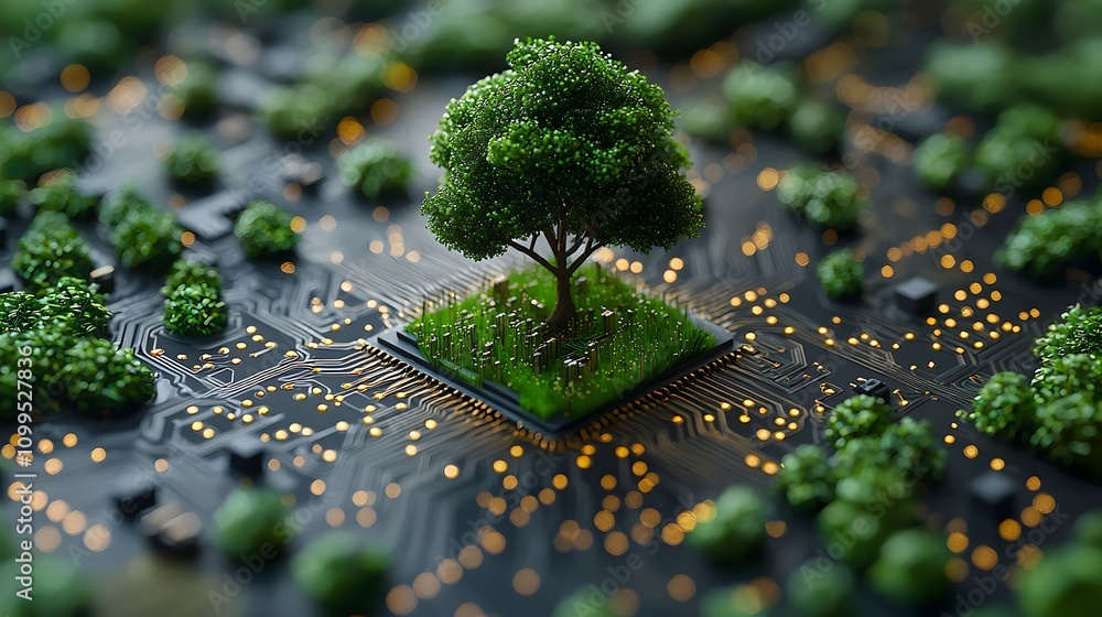 Poster digital landscape with circuit board patterns seamlessly blending technology and nature to represent