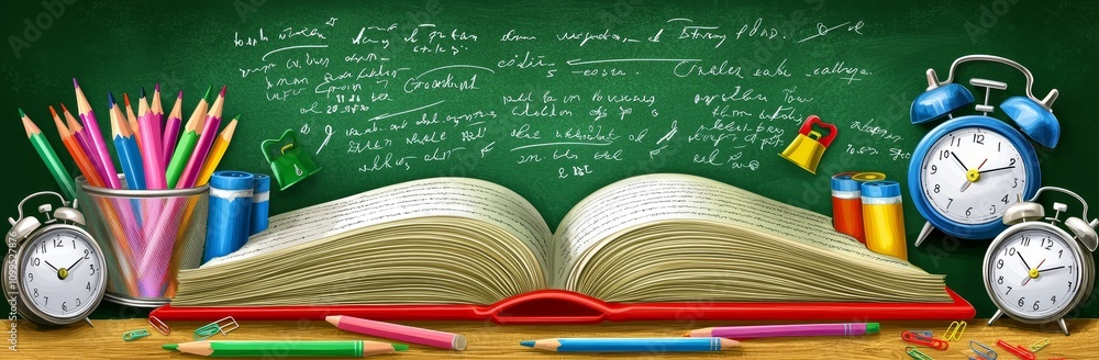 Poster 3d rendering of back to school concept with red alarm clock on green chalkboard background