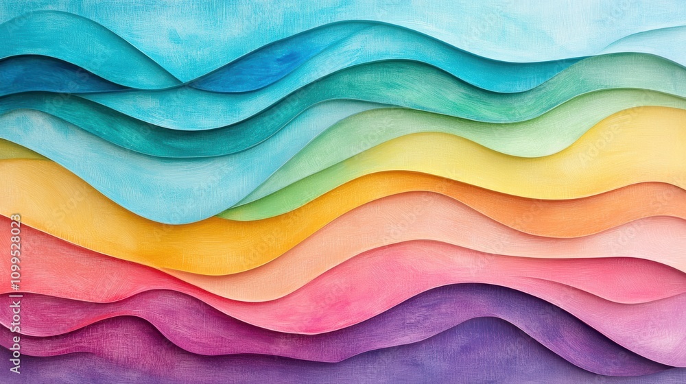 Poster abstract art of flowing, layered waves in vibrant rainbow colors, creating a textured and dynamic mu