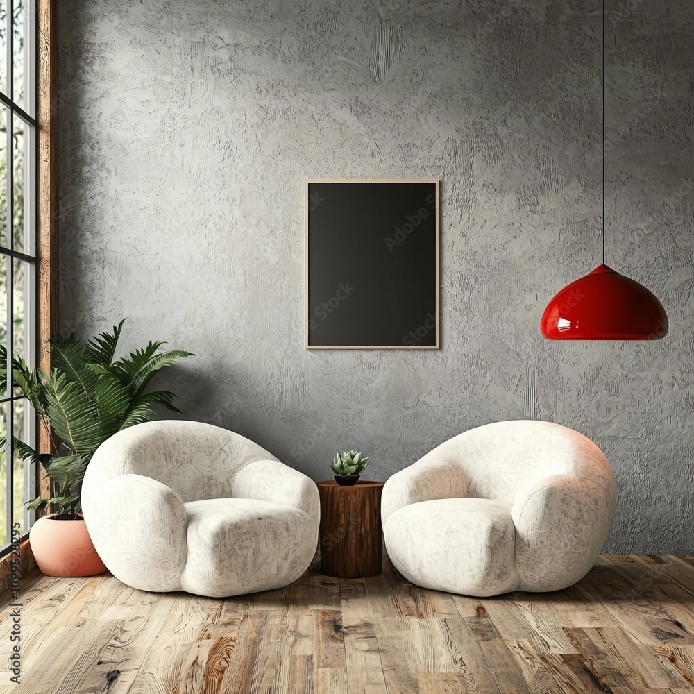 Aufkleber The interior design features two armchairs and an empty white picture frame in a 3D rendering.
