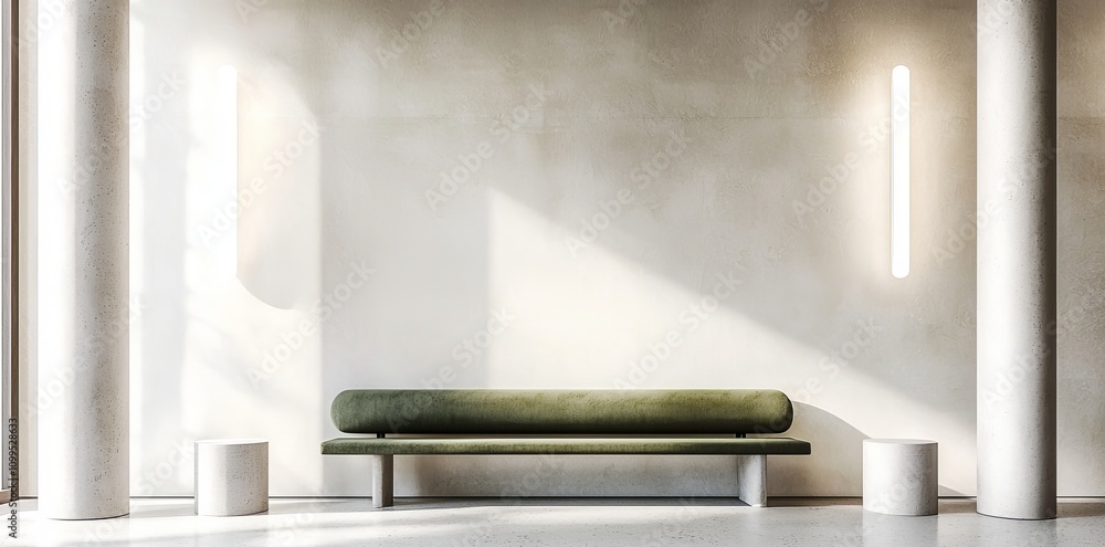 Poster 3d rendering of a modern green sofa with two white tables and a big potted plant. interior with an e
