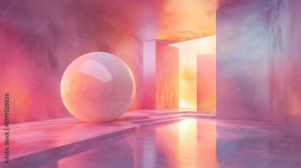 Poster glowing sphere illuminating abstract pink and orange architectural space
