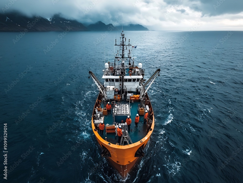 Poster scientific research vessel sailing across a vast expanse of deep blue ocean crew members conducting 