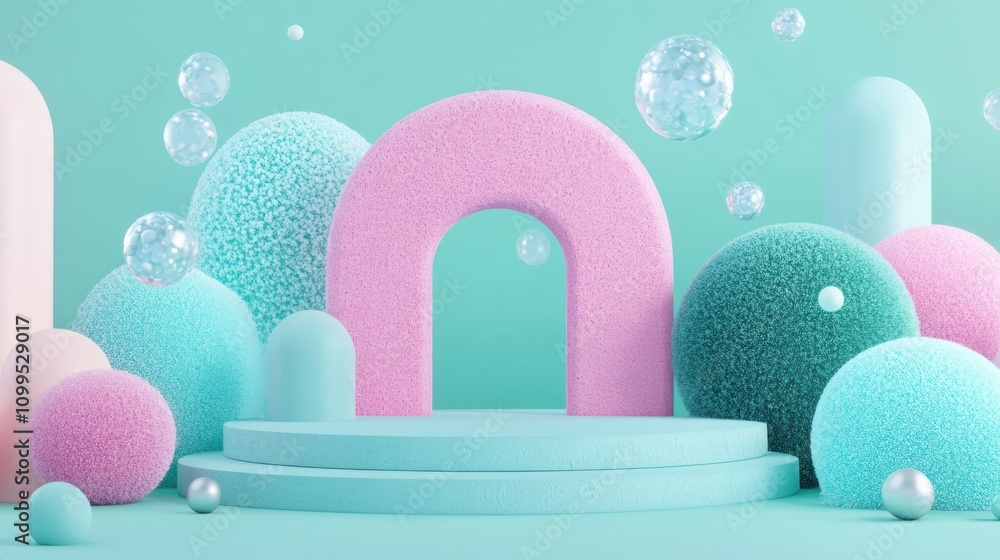 Poster colorful 3d pastel shapes with soft textures and floating bubbles, creating a whimsical and playful 