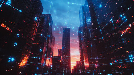 Obraz premium Smart digital Innovation city with connection network reciprocity over the sunset cityscape. of future wireless digital city and social media networking systems that connects people with in city
