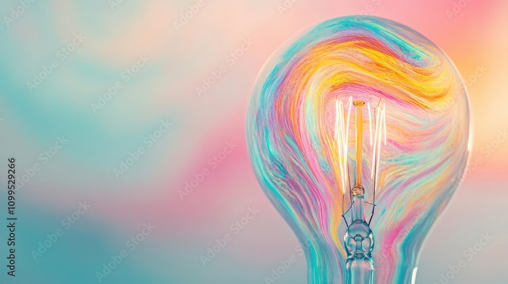 Poster a creative close-up of a light bulb with swirling colorful patterns inside, set against a soft paste
