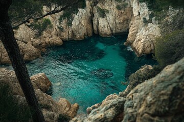 Secluded teal cove, rocky cliffs, lush greenery.