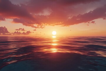 Obraz premium A tranquil ocean at sunset, with the sun setting behind the horizon and casting warm hues across the water's surface. The sky is painted in shades of orange and purple