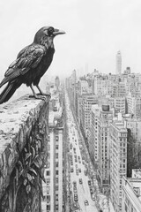 Fototapeta premium Raven perched, cityscape below, black and white sketch.