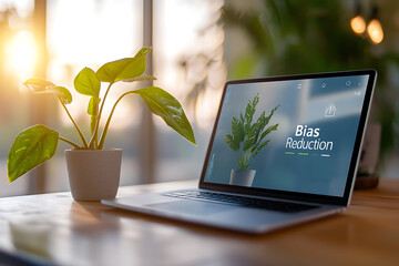 Enhancing ai fairness computer displaying bias reduction techniques in a modern office environment with indoor plants