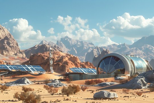 Futuristic Martian Desert Base Solar Panels, Habitat, and Mountains
