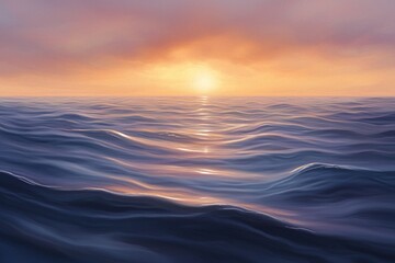 Obraz premium A tranquil ocean at sunset, with the sun setting behind the horizon and casting warm hues across the water's surface. The sky is painted in shades of orange and purple