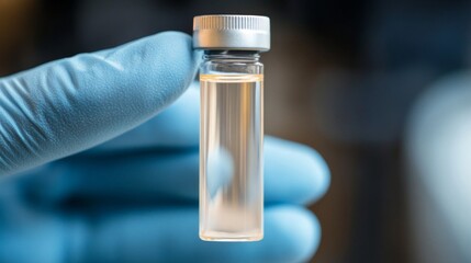 Gloved Hand Holding Small Vial of Liquid Sample