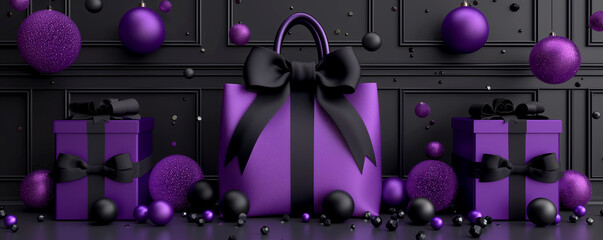 Fototapeta premium A purple purse is surrounded by three purple boxes and a bunch of purple balls