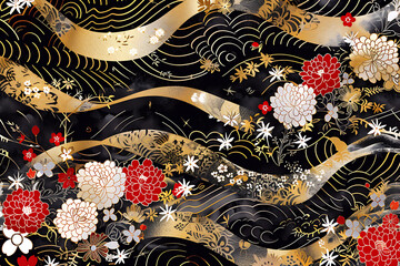 Detailed Floral Wave Pattern Inspired by Traditional Designs in Elegant Black and Gold, Showcasing an Array of Unique Flowers and Graceful Curves of Nature