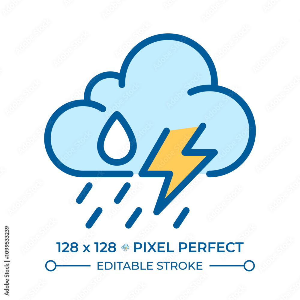Poster storm rgb color icon. weather forecast. cloud with raindrops and lightning bolt. thunderstorm. sever