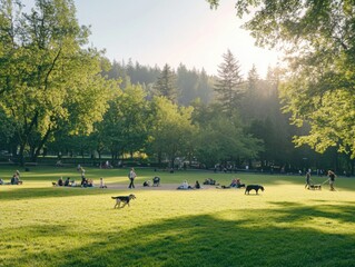 Fototapeta premium Outdoor park with a pet area, dogs playing fetch, people having picnics, and sunny lush greenery