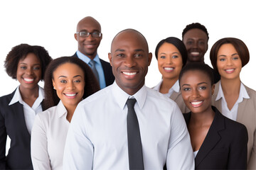 Group of smiling business black people in suits on transparent background. Groups of people in business attire. Rich black man and women. Business leader. Startup boss. Isolated image. PNG cut out. 