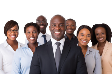 Group of smiling business black people in suits on transparent background. Groups of people in business attire. Rich black man and women. Business leader. Startup boss. Isolated image. PNG cut out.