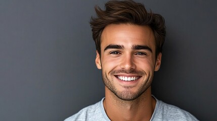 Fototapeta premium Portrait of smiling young man with perfect white teeth showing happiness and confidence