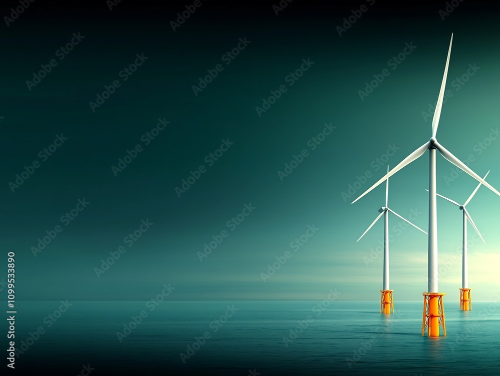 Poster towering offshore wind turbines silhouetted against the vast azure expanse of the open sea with a dy