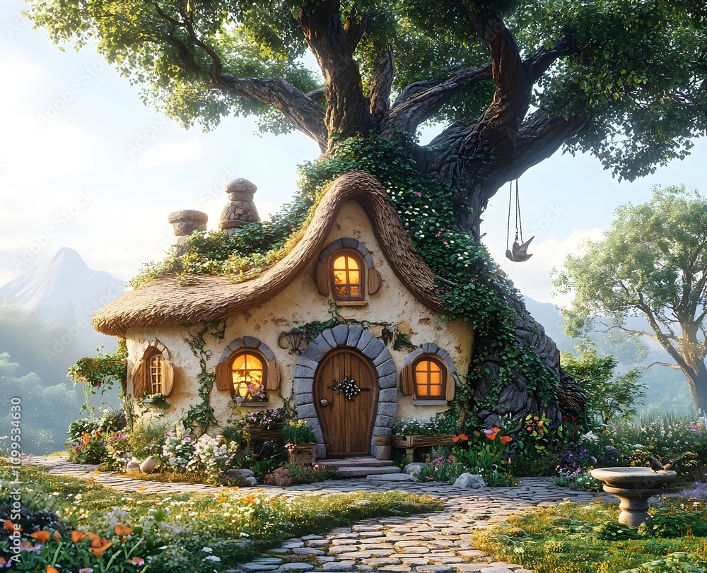 Wall mural A whimsical fairy-tale style rabbit cottage with a thatched roof round windows and a courtyard with a grand oak tree in warm beige and light brown hues