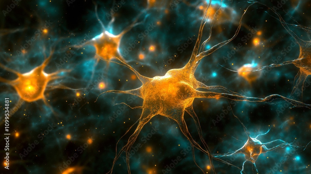 Poster glowing neuron network cellular structure microscopic view