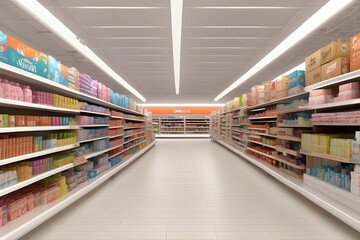 Supermarket paradise, Explore the wide range of items in the lengthy, light-filled aisle, Generative AI