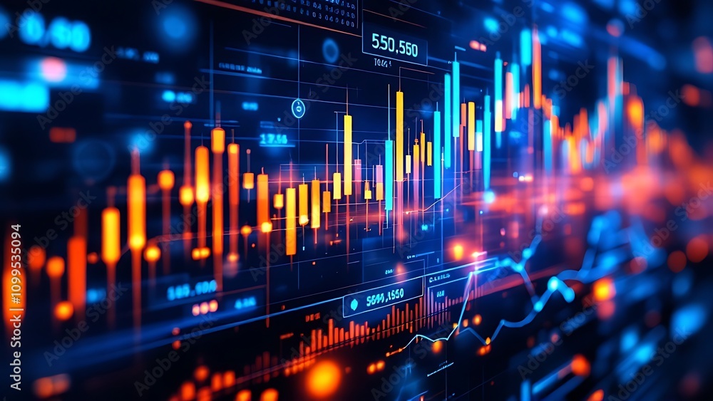 Poster dark-themed futuristic financial data analysis image with glowing line graphs and charts, blurred ba