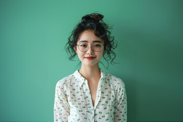 Fototapeta premium A young woman with a gentle smile poses confidently in front of a soft green background. The image highlights simplicity, elegance, and natural beauty.