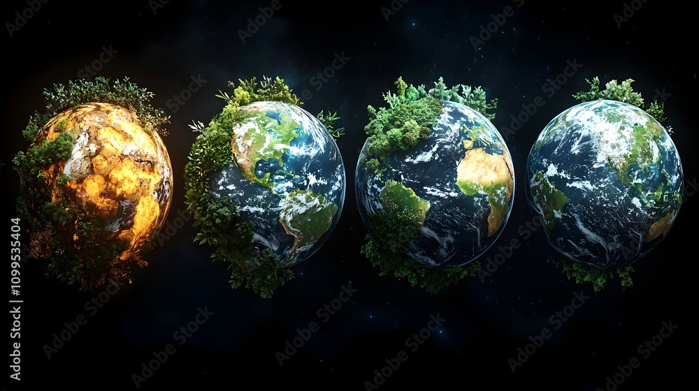 Poster a visually stunning image depicting the earth split into distinct sections each showcasing a thrivin