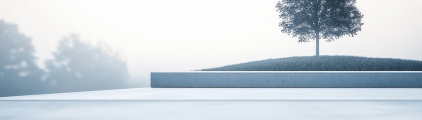 Naklejka premium A serene landscape featuring a solitary tree atop a gentle hill, enveloped in mist, creating a calming atmosphere of tranquility.