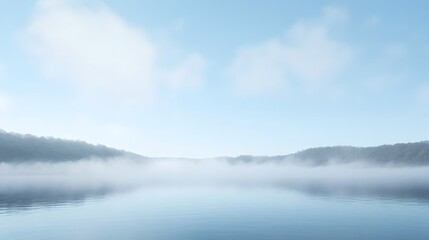Fototapeta premium Serene Morning Mist Over Calm Lake Water And Trees