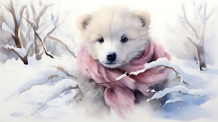 A cute bear cub wearing a pink scarf in a snowy landscape, evoking warmth and innocence.