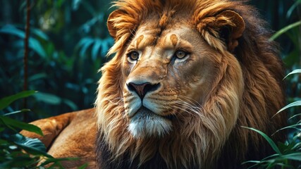 Fototapeta premium Close up of a majestic lion in the jungle gazing intensely