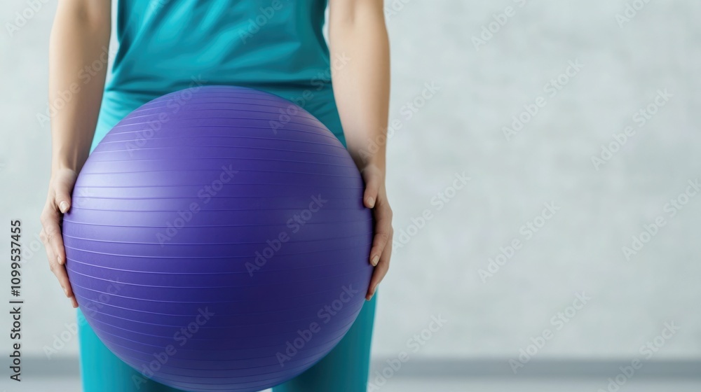 Poster patient using an exercise ball in a physiotherapy session improving strength and balance with suppor